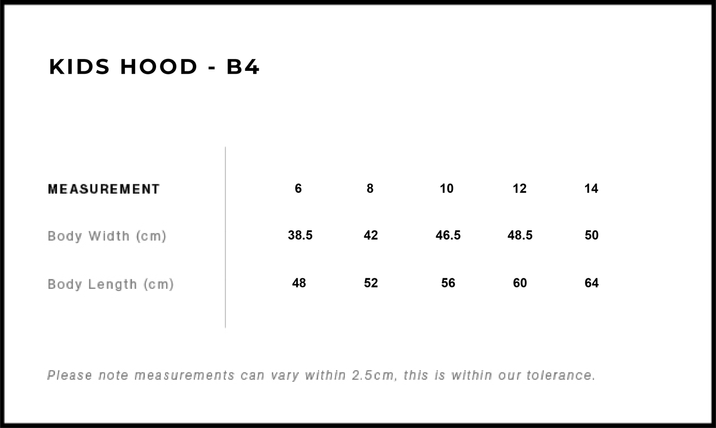 Verity the Label's size guide for Kids and Youth: sizes 6-14