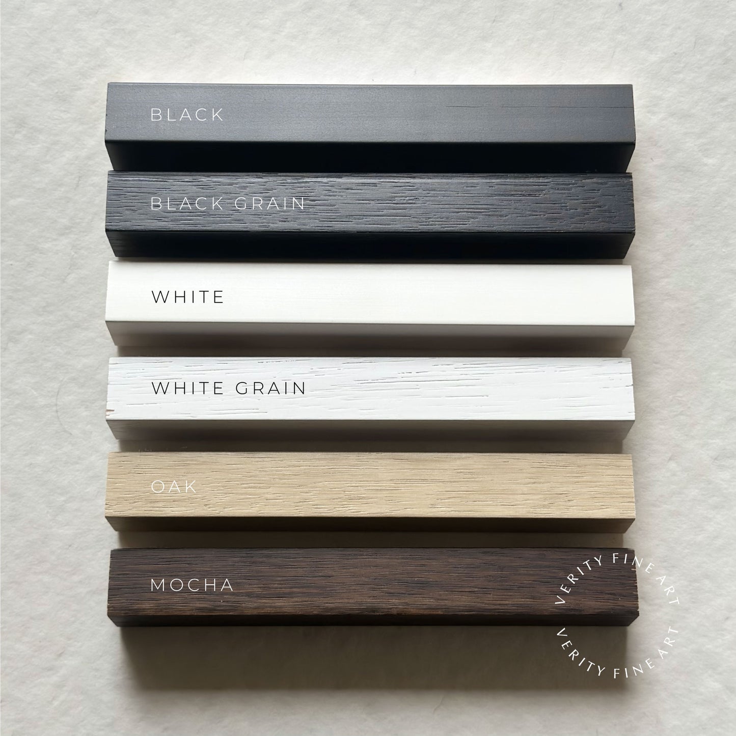 Fine Art Print frame colour options — Black, Black Grain, White, White Grain, Oak and Mocha solid wood frames — Verity The Label Australia