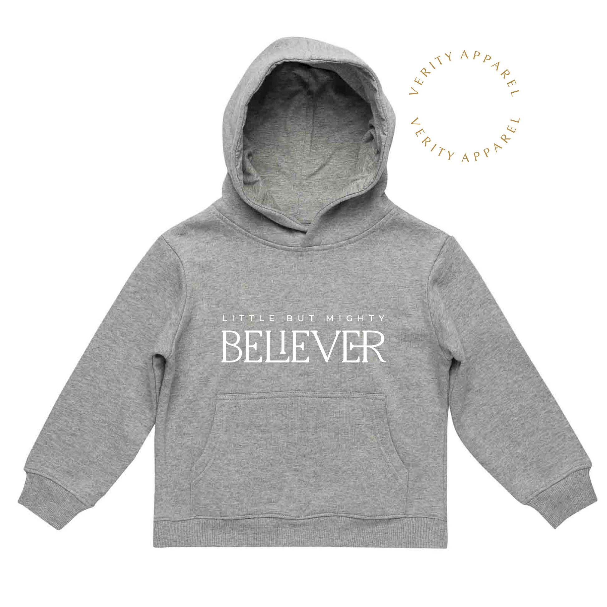 A grey kids Christian hoodie with "Little but mighty Believer" print on it in white.