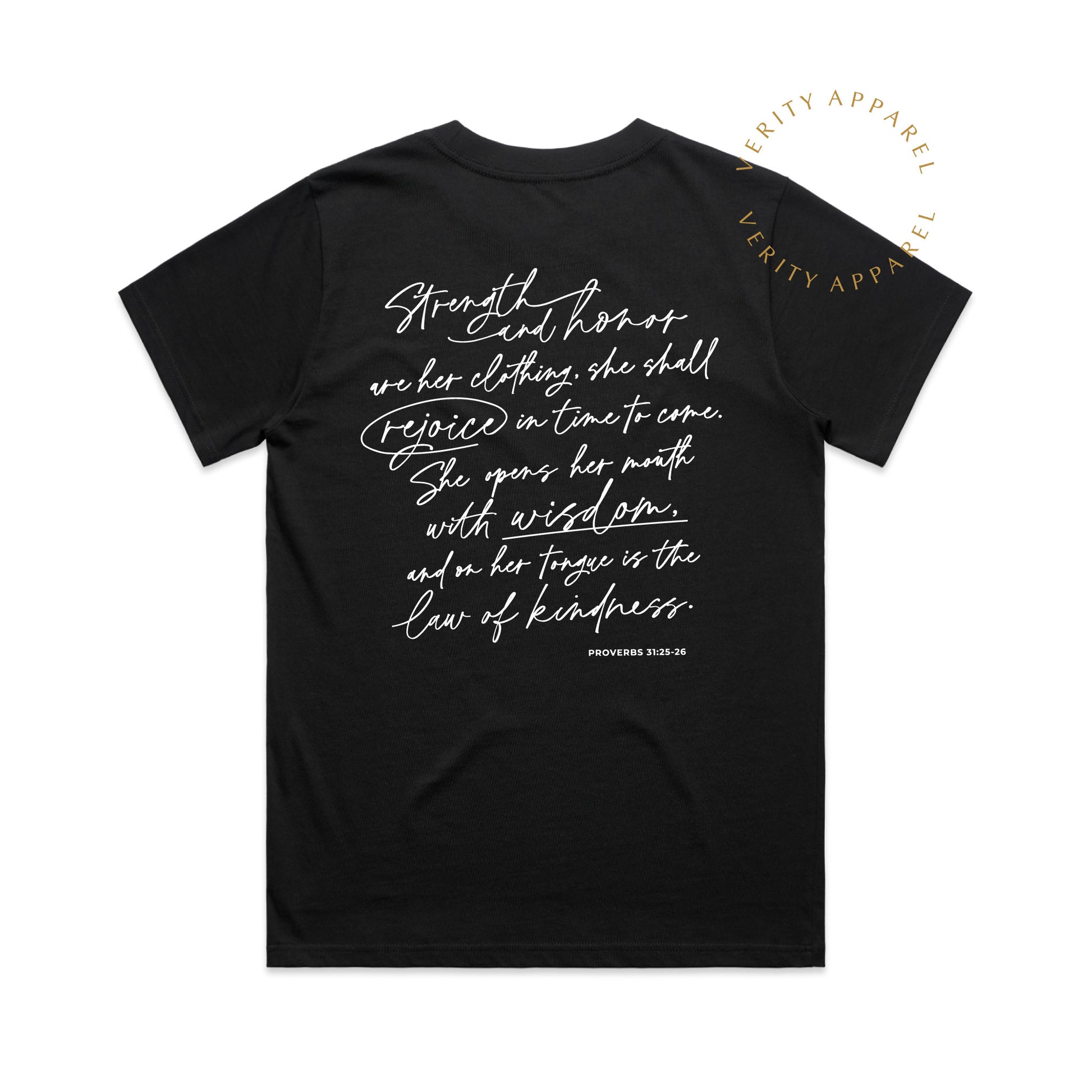Full back view of cotton christian t-shirt in black colour, features a modern christian design inspired by Proverbs 31 in a stylish white script design.
