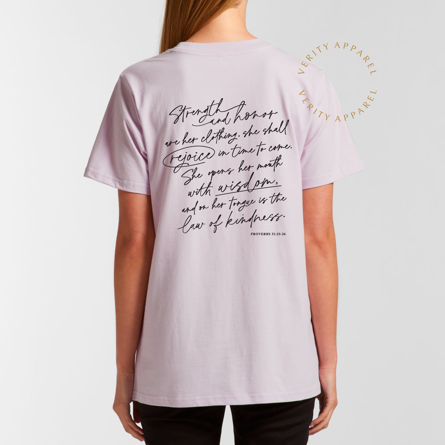 Full length back view of cotton christian t-shirt in orchid colour on a model, features a modern christian design inspired by Proverbs 31 in a stylish black script design.