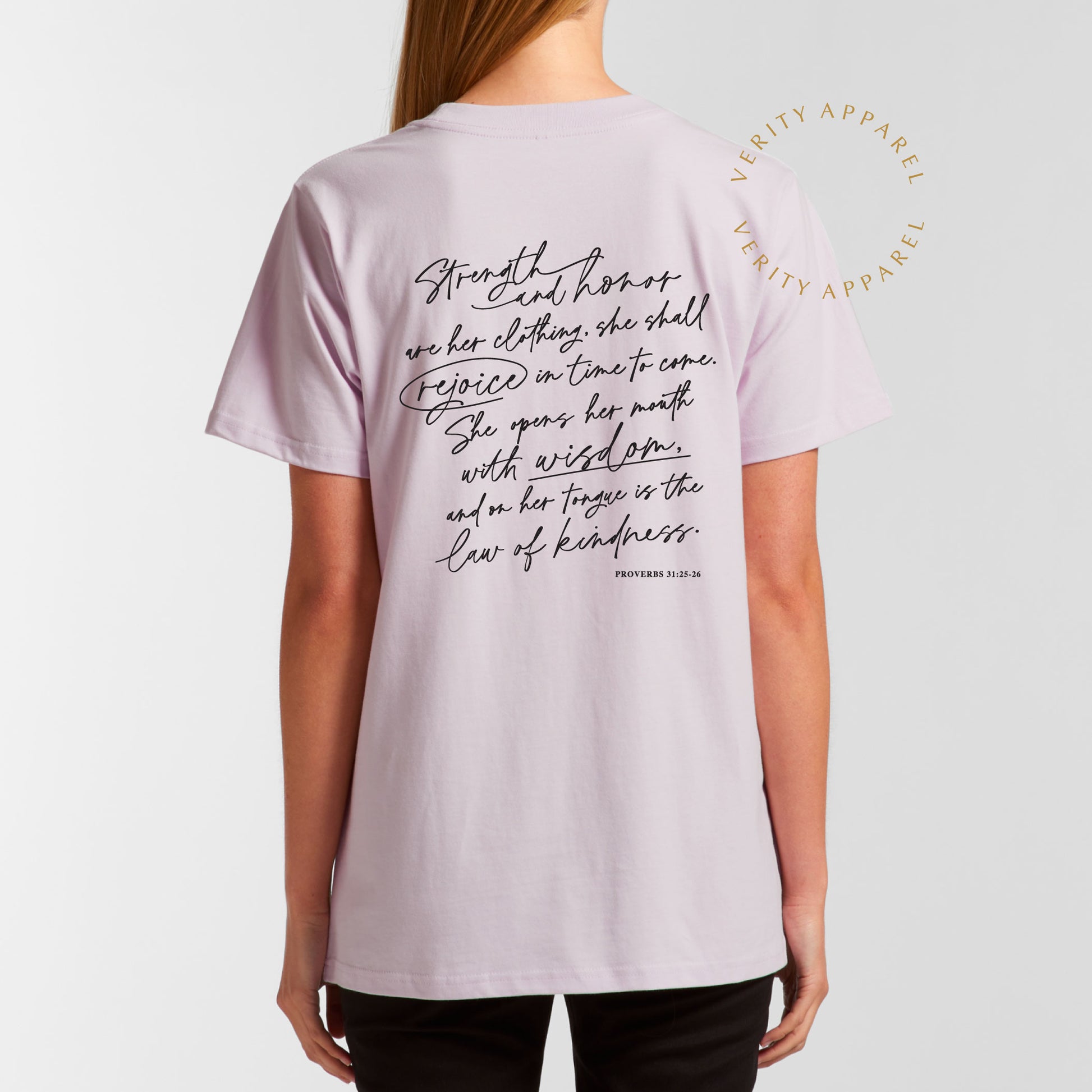 Full length back view of cotton christian t-shirt in orchid colour on a model, features a modern christian design inspired by Proverbs 31 in a stylish black script design.