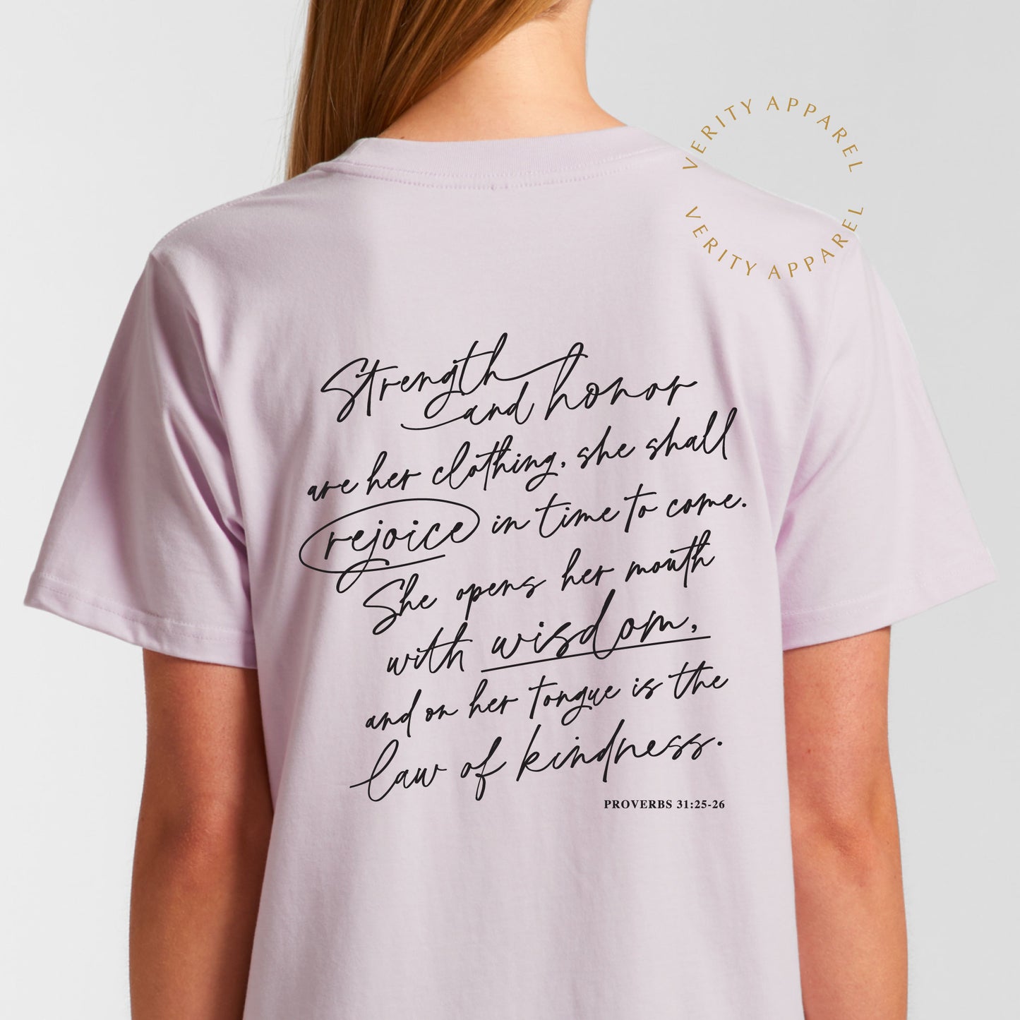 Full back view of cotton christian t-shirt in orchid colour, features a modern christian design inspired by Proverbs 31 in a stylish script design.