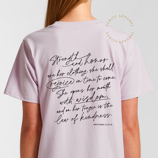 Full back view of cotton christian t-shirt in orchid colour, features a modern christian design inspired by Proverbs 31 in a stylish script design.