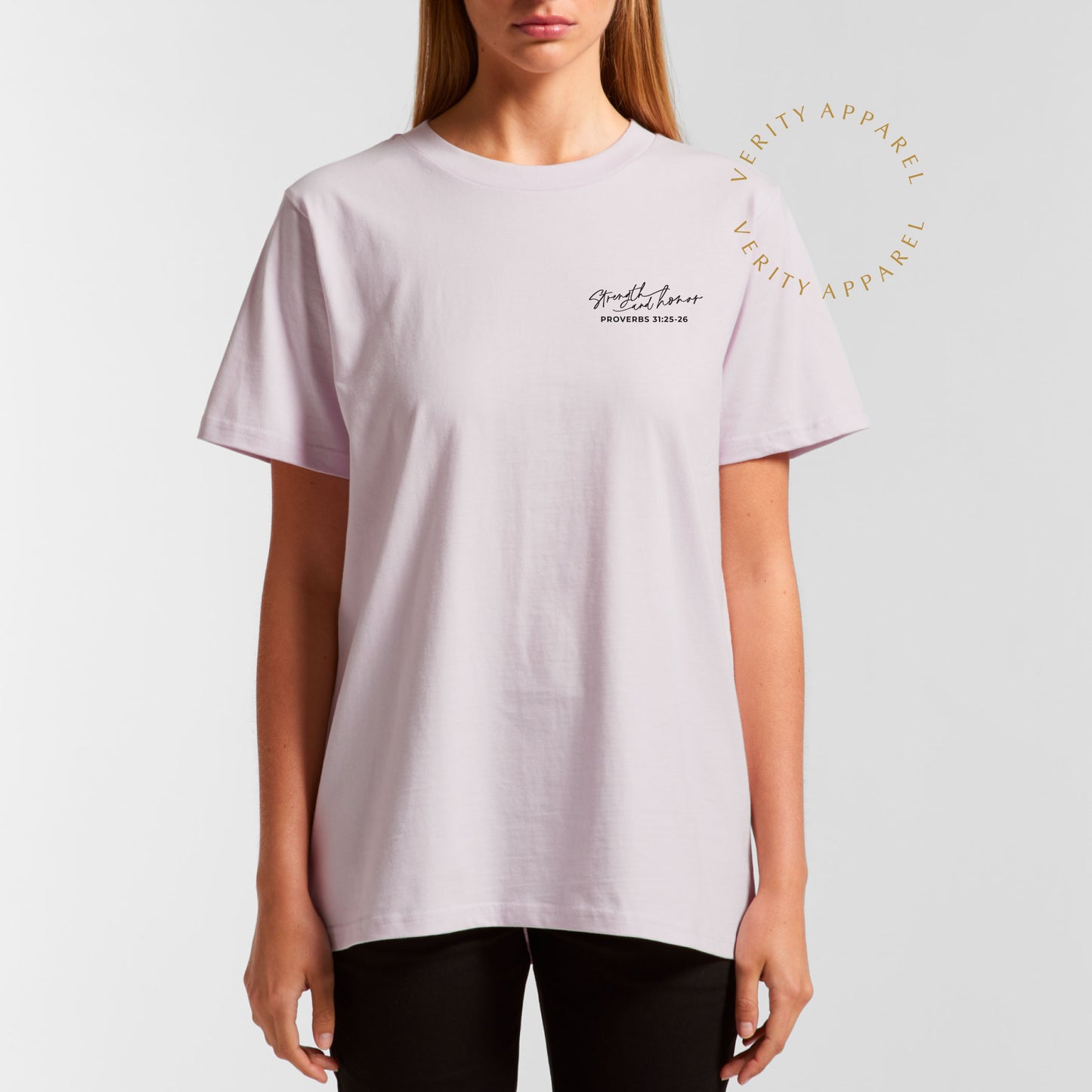 Full length front view of cotton christian t-shirt in orchid colour on a model, features a left chest print with the words: strength and honour, Proverbs 31 :25-26 in a black stylish script design.