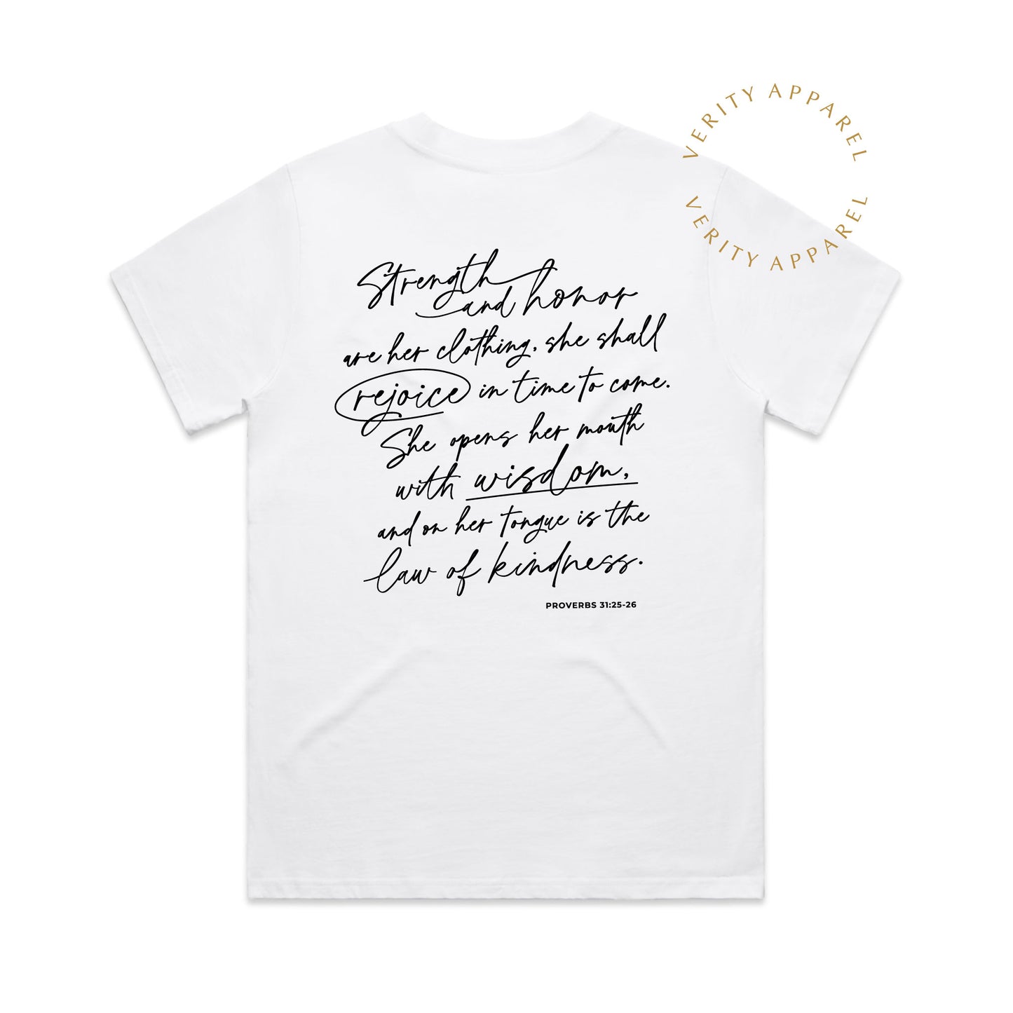Full back view of cotton christian t-shirt in white colour, features a modern christian design inspired by Proverbs 31 in a stylish black script design.