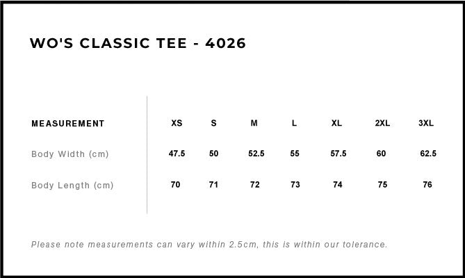 Verity the Label's size guide for Women's Classic Tee, sizes XS - 3XL