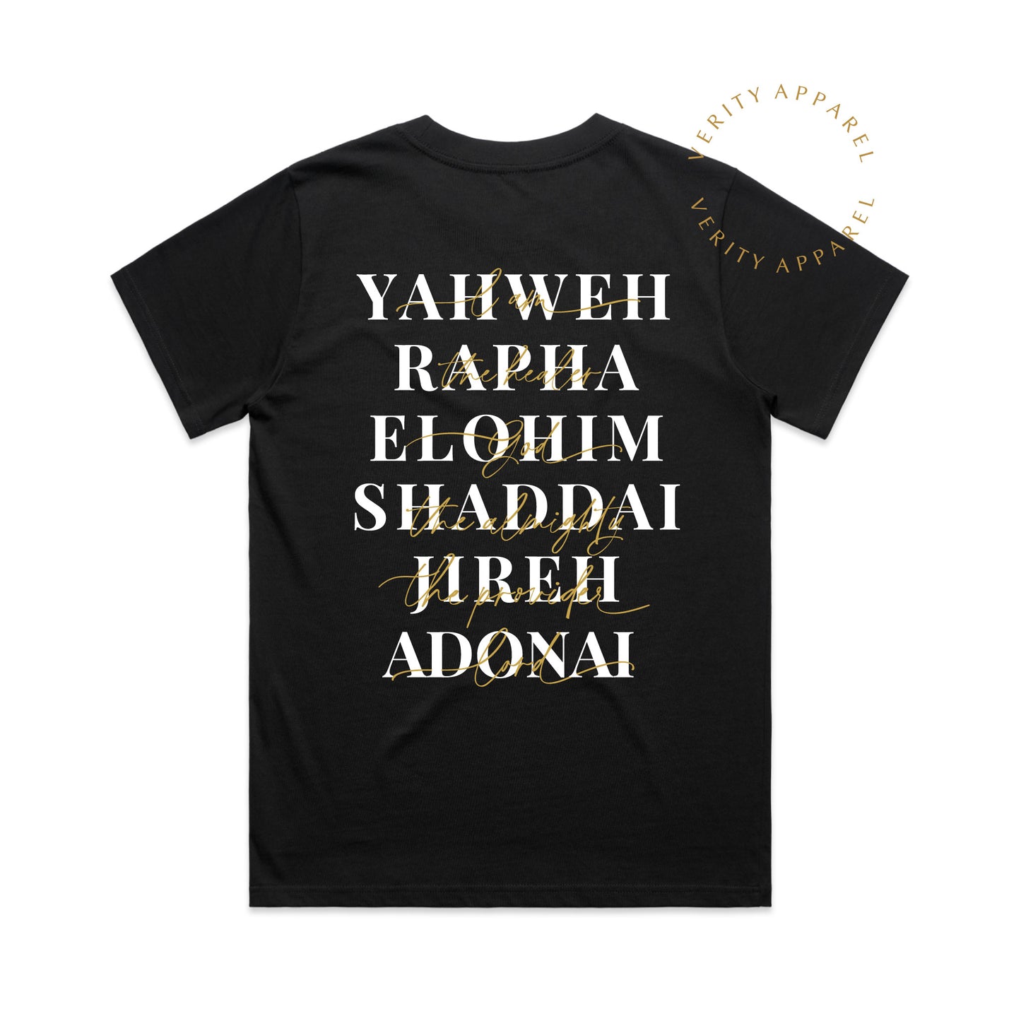 Full back view of black cotton christian t-shirt, showing modern Print design featuring names of God: Yahweh, Rapha, Elohim, Shaddai, Jireh, Adonai.