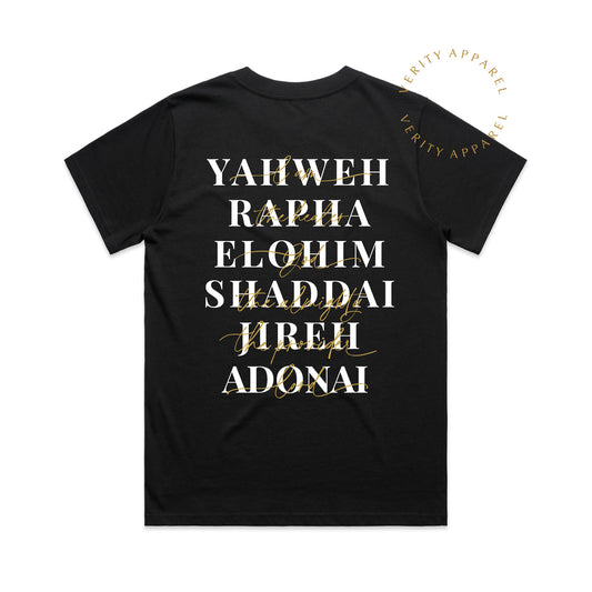 Full back view of black cotton christian t-shirt, showing modern Print design featuring names of God: Yahweh, Rapha, Elohim, Shaddai, Jireh, Adonai.