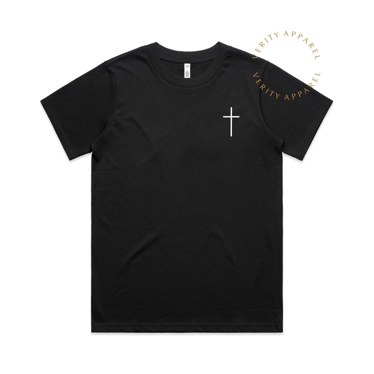 Full front view of black cotton christian t-shirt, showing simple modern Print design of a cross on front left chest.