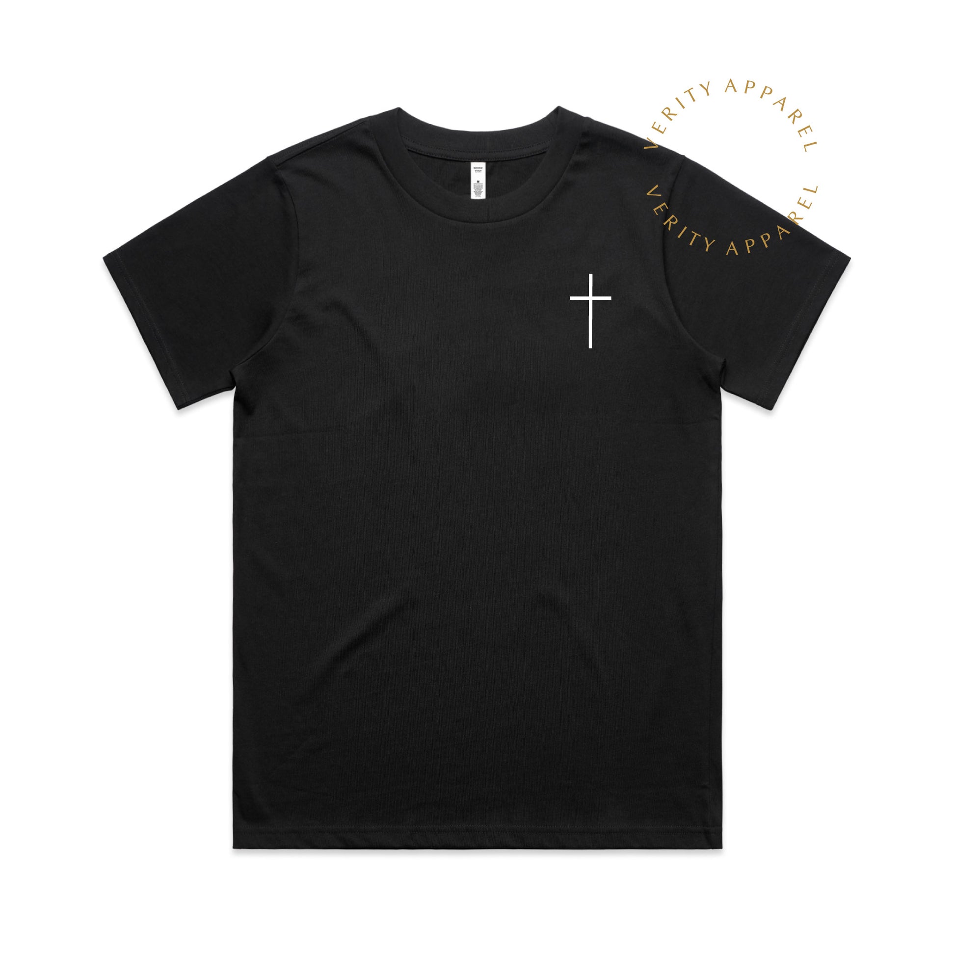 Full front view of black cotton christian t-shirt, showing simple modern Print design of a cross on front left chest.