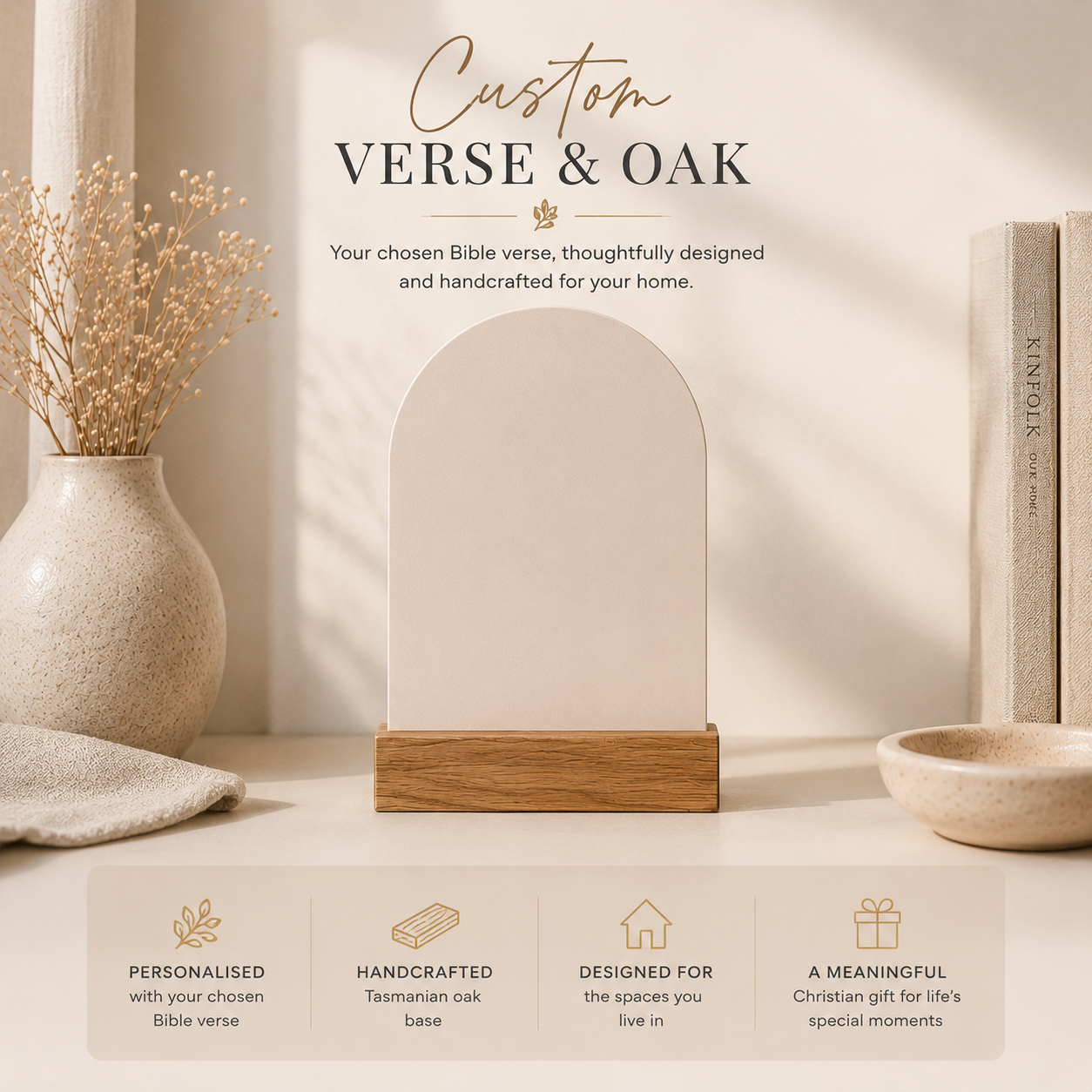 Custom Verse & Oak scripture stand — choose your own verse, combined with a handcrafted Tasmanian oak base — Verity The Label Australia pre-order.