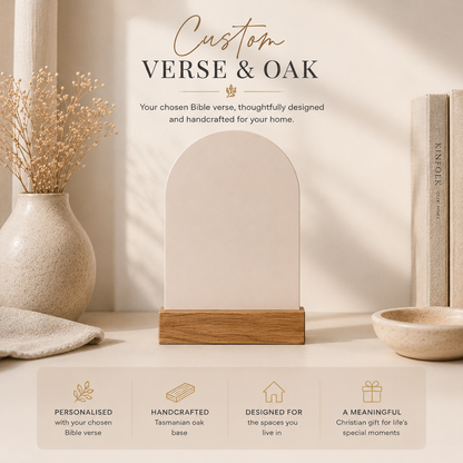 Custom Verse & Oak scripture stand — choose your own verse, combined with a handcrafted Tasmanian oak base — Verity The Label Australia pre-order.