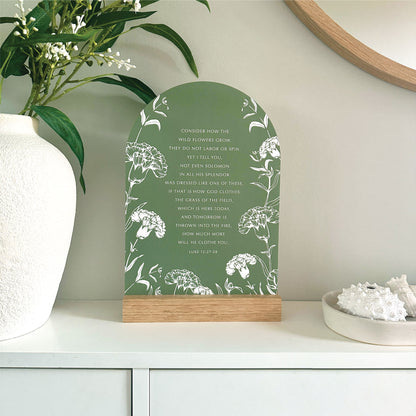 Wildflowers Luke 12:27–28 Verse & Oak stand - features the bible scripture with white floral illustrations against grass green with a handcrafted Tasmanian oak base. Styled on a white shelf with decorative vase and coral.