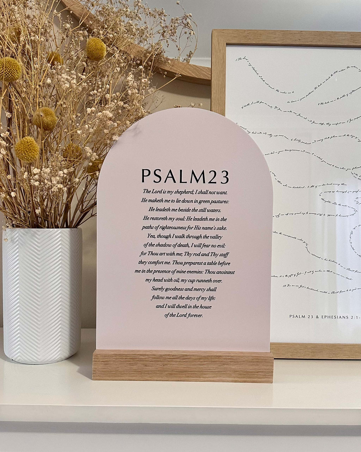 Psalm 23 Verse & Oak scripture stand — full Psalm 23 on an arch print combined with a Tasmanian oak base, styled in a modern Australian home — Verity The Label.